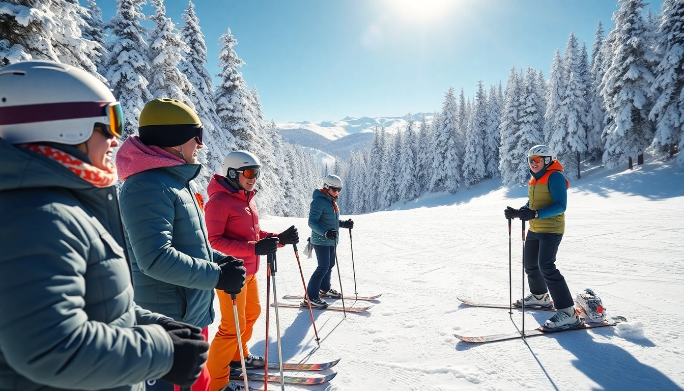 Experience beginner ski packages with joyful skiers on a sunny, snow-covered mountain.
