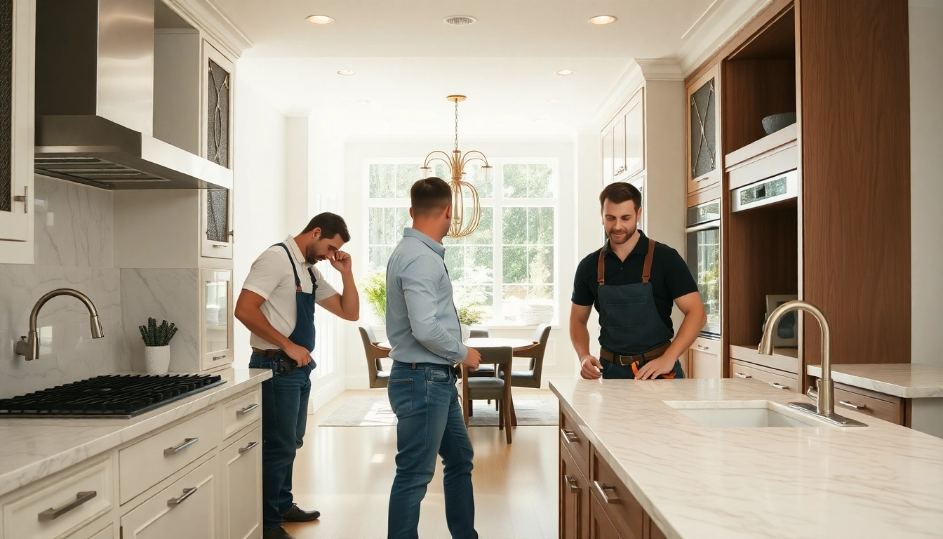 Skilled kitchen installers enhancing a modern kitchen with elegant cabinet designs.