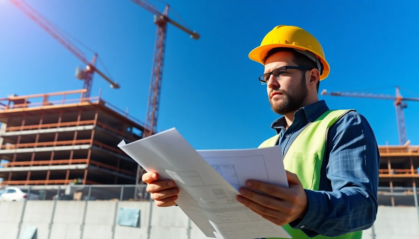 Commercial building developer analyzing plans at an active construction site.
