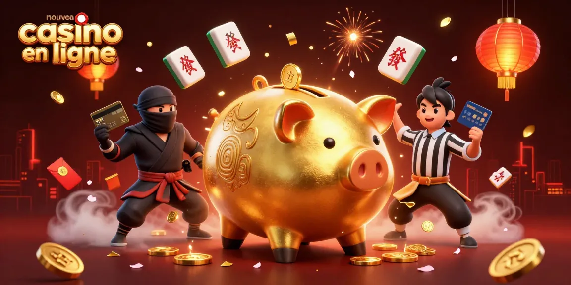 Illustration dynamique d'un nouveau casino en ligne mettant en scène un sumo avec un cochon d'or et un samouraï.