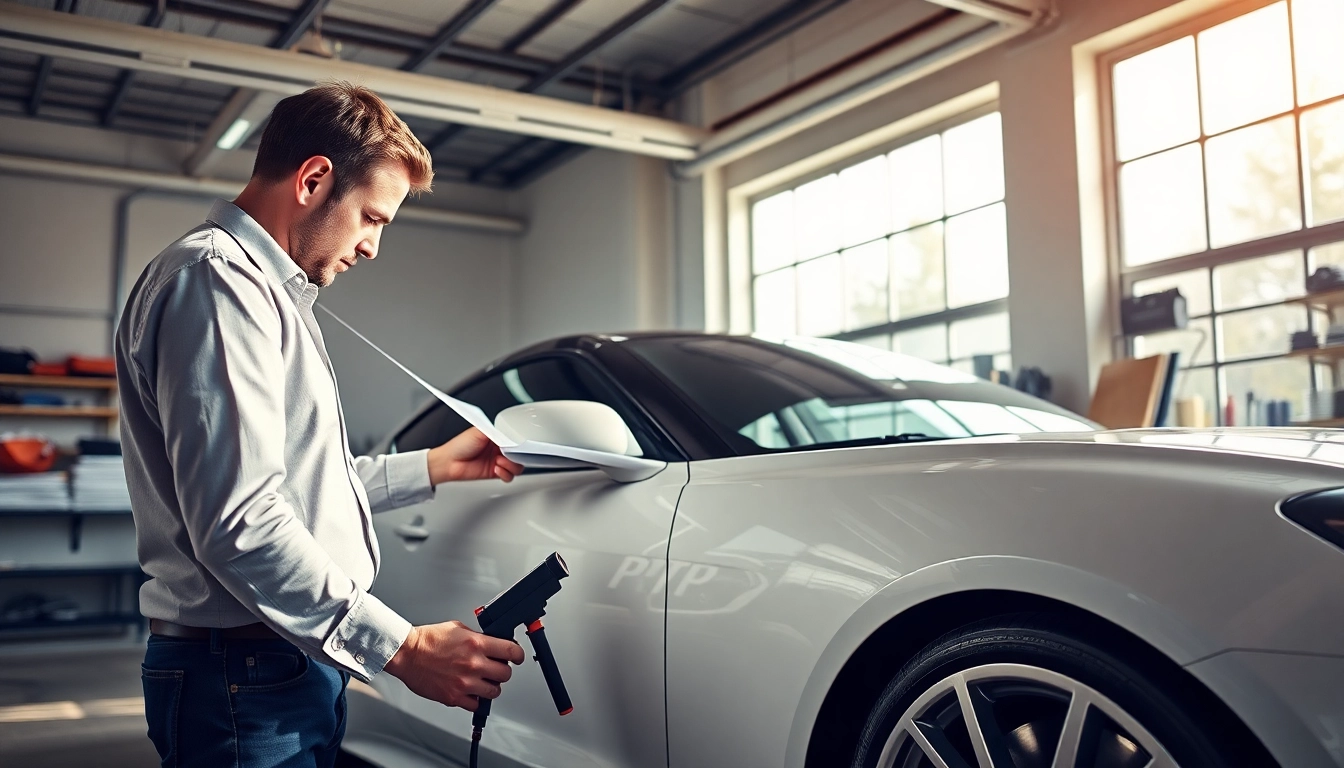 Certified PPF installer expertly applying protective film on a luxury car in a bright garage.