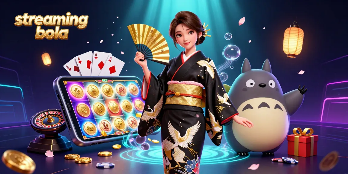 Stream bola live with a vibrant 3D illustration featuring an Asian woman in kimono and a wise tanuki surrounded by gaming elements.