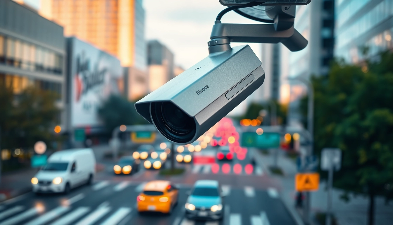 Capture of a license plate recognition camera monitoring vehicle traffic in an urban environment.
