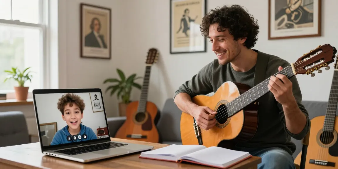 Remote Guitar Lessons with a certified instructor in a cozy home studio, engaging with a student via video call.