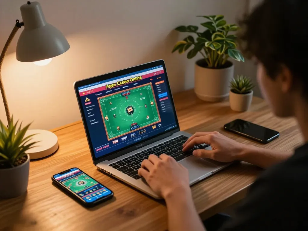 A person engaged with Agen Casino Online on a laptop while analyzing strategy notes.