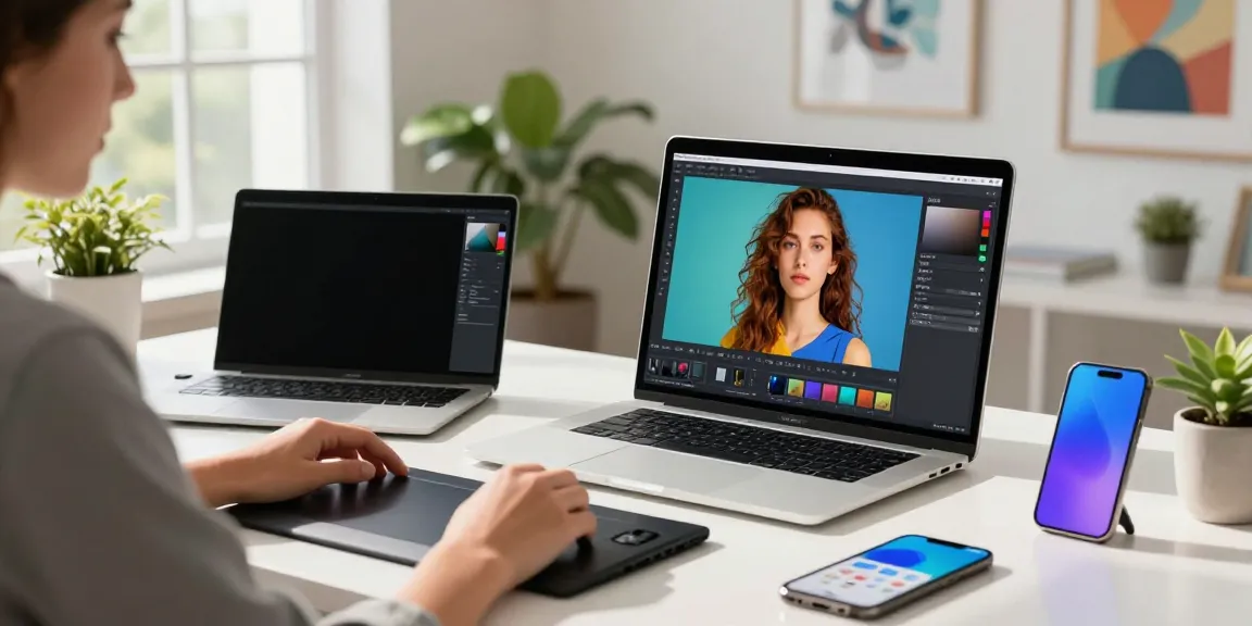 Creating AI image variations in a bright modern workspace with vibrant screens.