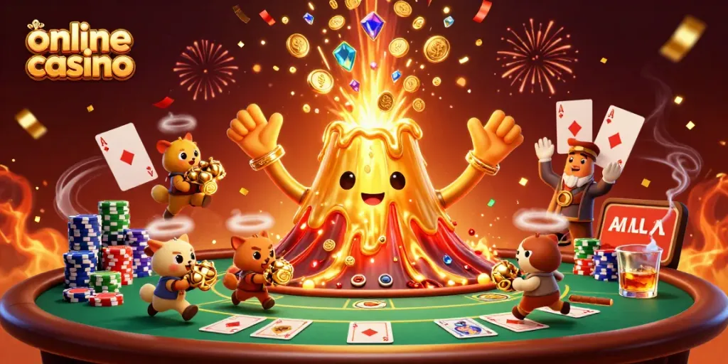 Juega en un casino online mientras una erupción de monedas y gemas te sorprende.