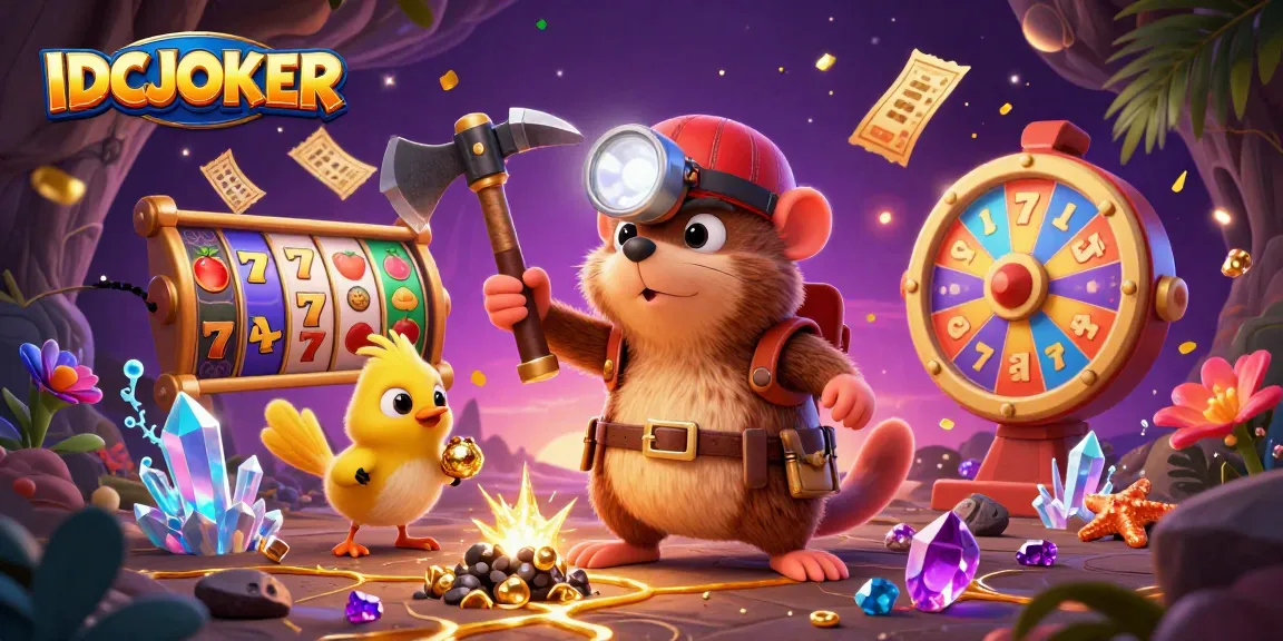 Engage in thrilling gameplay with IDCJOKER, where a treasure hunter discovers winning slots amidst golden gems.
