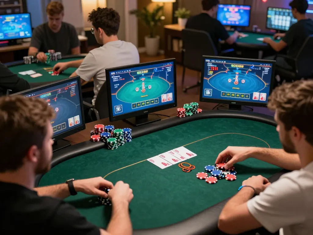 Playing virtual poker at NHÀ CÁI G28 with vibrant gameplay and strategic betting visible on screen