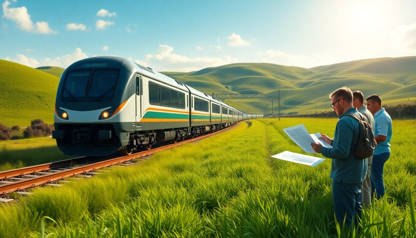 Engineers collaborating on Railroad Engineering while a train travels through a vibrant landscape.