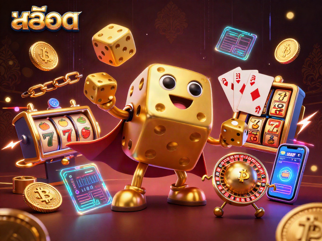 Engage in thrilling สล็อต gameplay with a vibrant casino scene featuring golden dice and jackpot symbols.