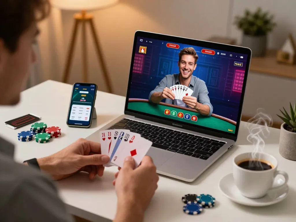 Player engages with NHÀ CÁI MB88 in an exciting online poker game, showcasing cards and chips in a cozy home setup.