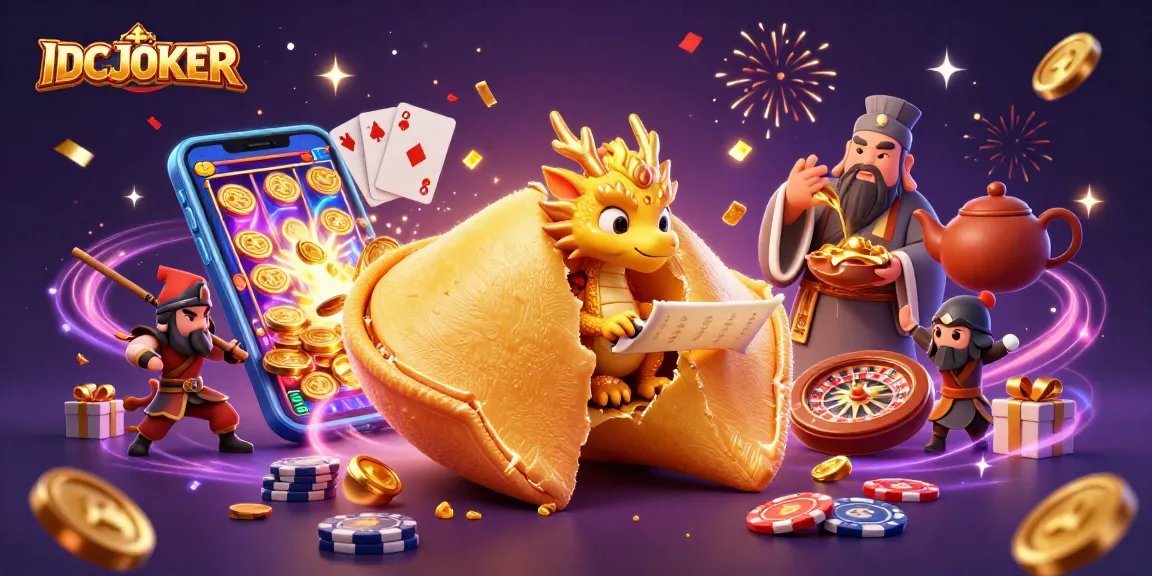 Engage with IDCJOKER's dynamic casino scene featuring a golden fortune cookie and slot game elements.