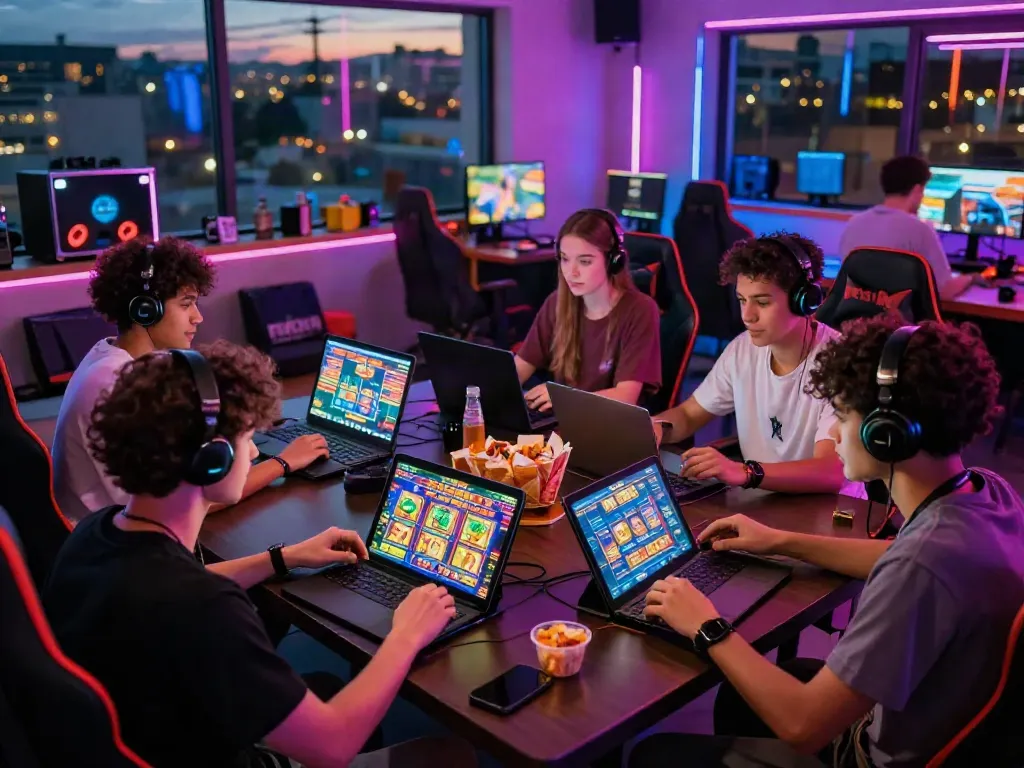 Group of friends enjoying rokok88 slot games in a vibrant gaming lounge.