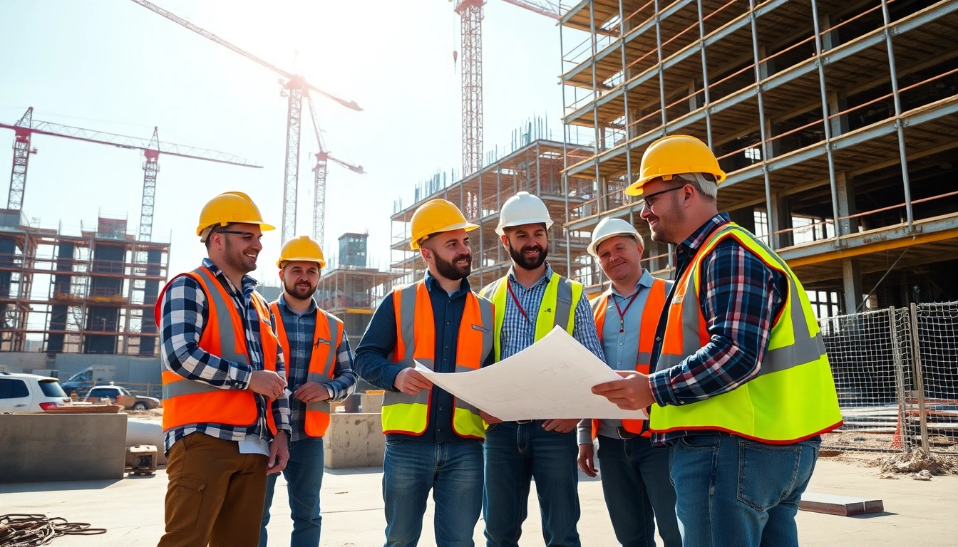 Showcasing teamwork in construction association Wyoming with professionals at work on a building site.