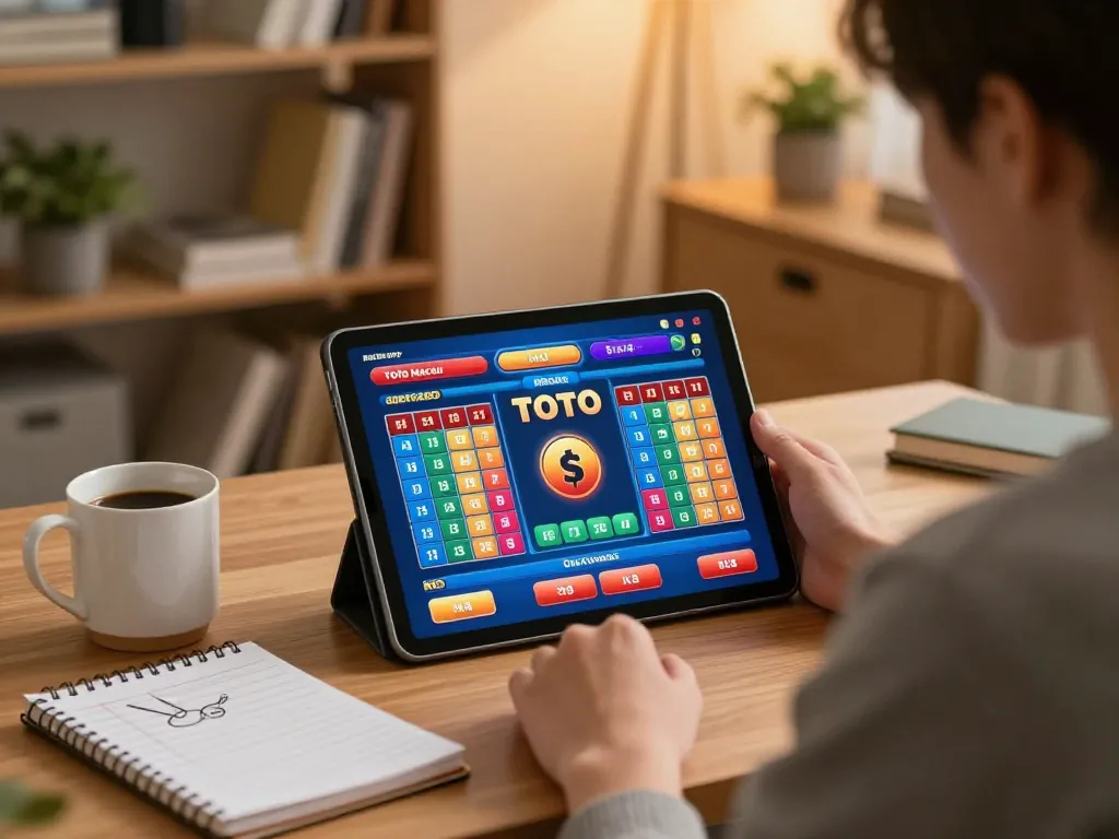 Antarmuka taruhan mobile Toto Macau ditampilkan di tablet dalam pengaturan kantor rumah yang nyaman.