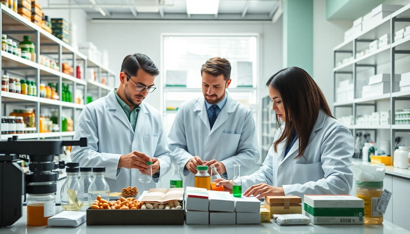 Engaging scene of supplement manufacturers at work, highlighting innovation in product formulation.