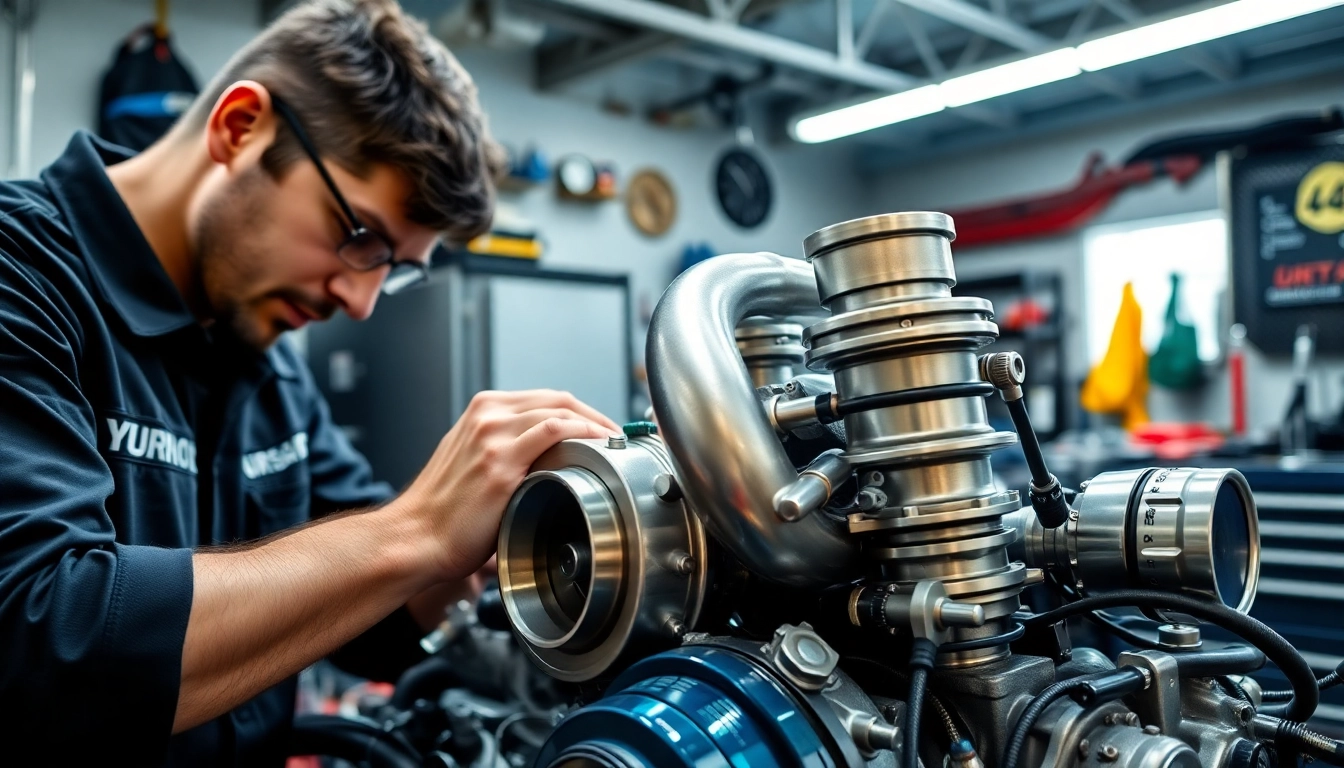 Optimize performance with Turbosmart turbochargers in engine installation scene featuring expert mechanics.