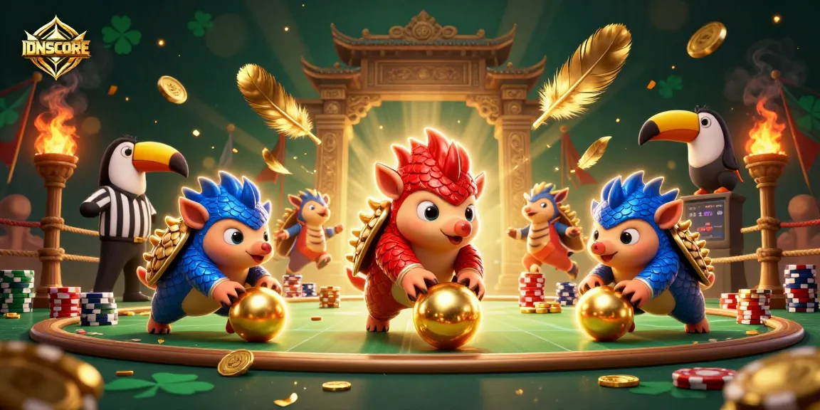 Experience the excitement of IDNSCORE as rival pangolins roll through poker chips in a vibrant casino scene.