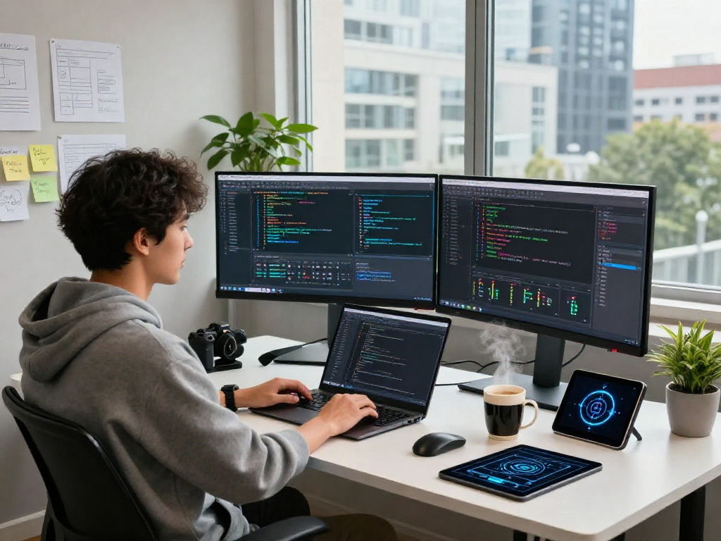 Dynamic AI development workspace showcasing crushon ai with multiple monitors and vibrant tech elements.