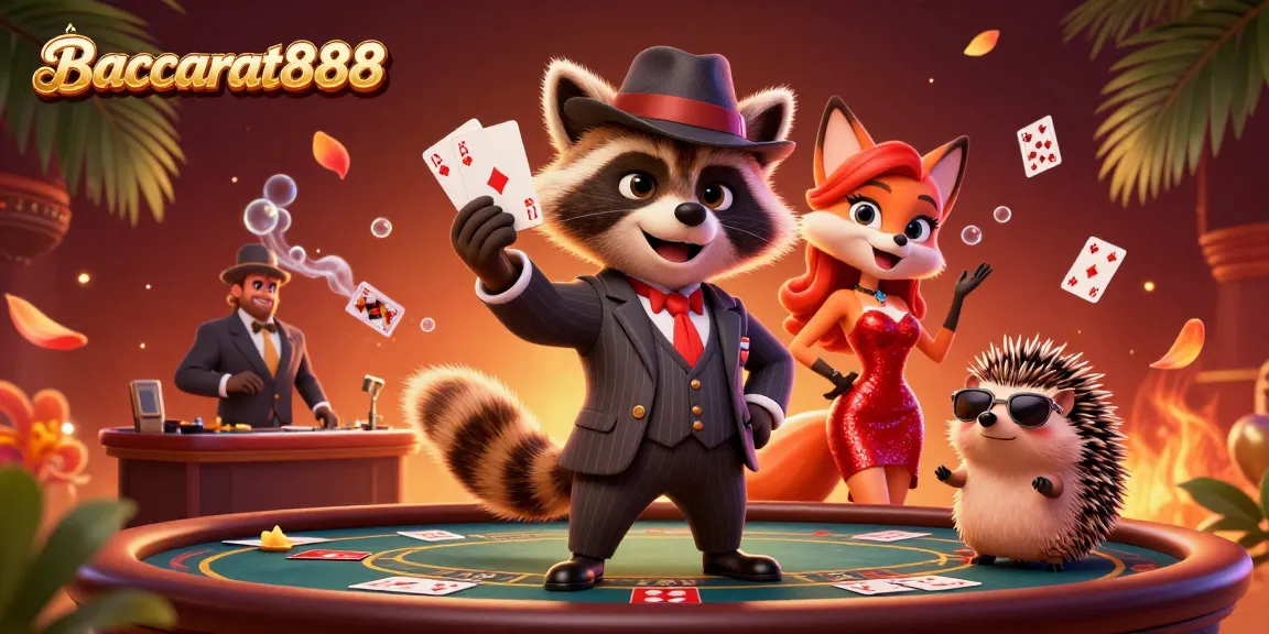 Baccarat888 brings excitement with a suave raccoon, dazzling fox, and hedgehog bouncer at a lively baccarat table.