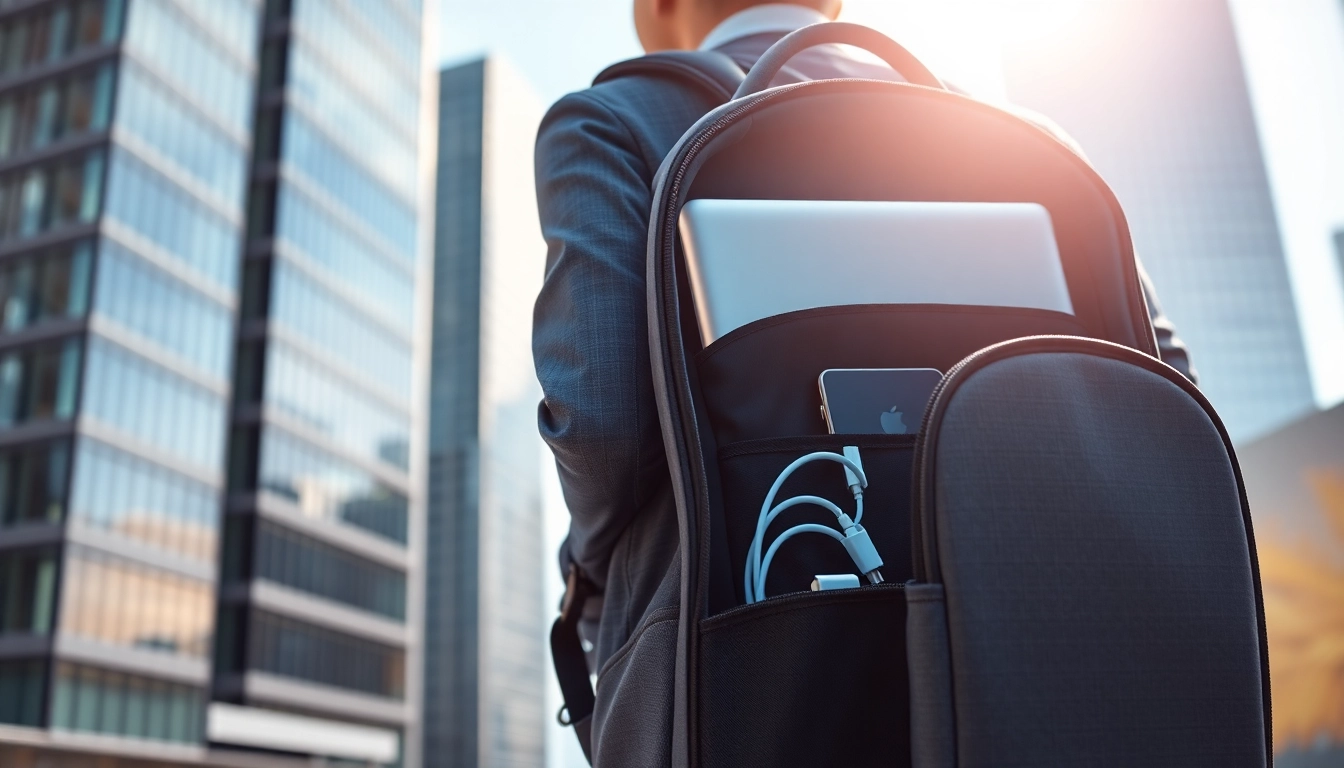 Showcasing Backpack TGE design with high-tech features in an urban environment.