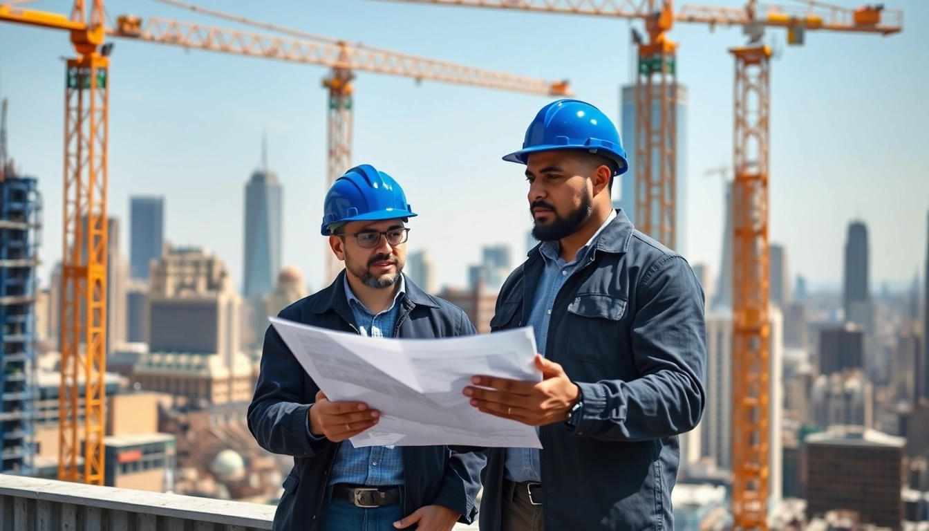 New York City Commercial General Contractor reviewing plans on an active construction site.