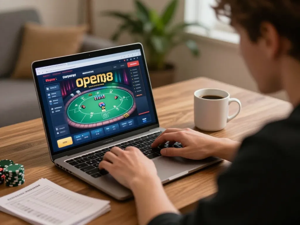 Engaging gameplay at open888 online casino with player analyzing poker strategy at home