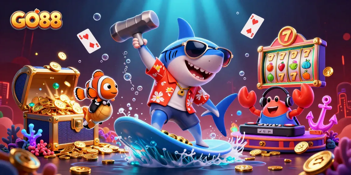 Join GO88 for festive fun with casino games in this vibrant underwater illustration.
