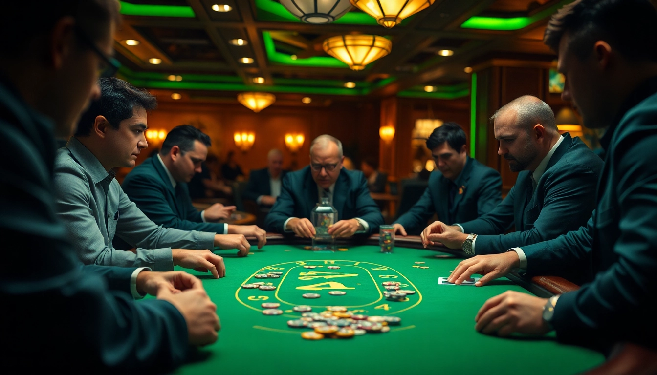 Engaging poker game at 8win casino showcasing intense player focus and vibrant colors.
