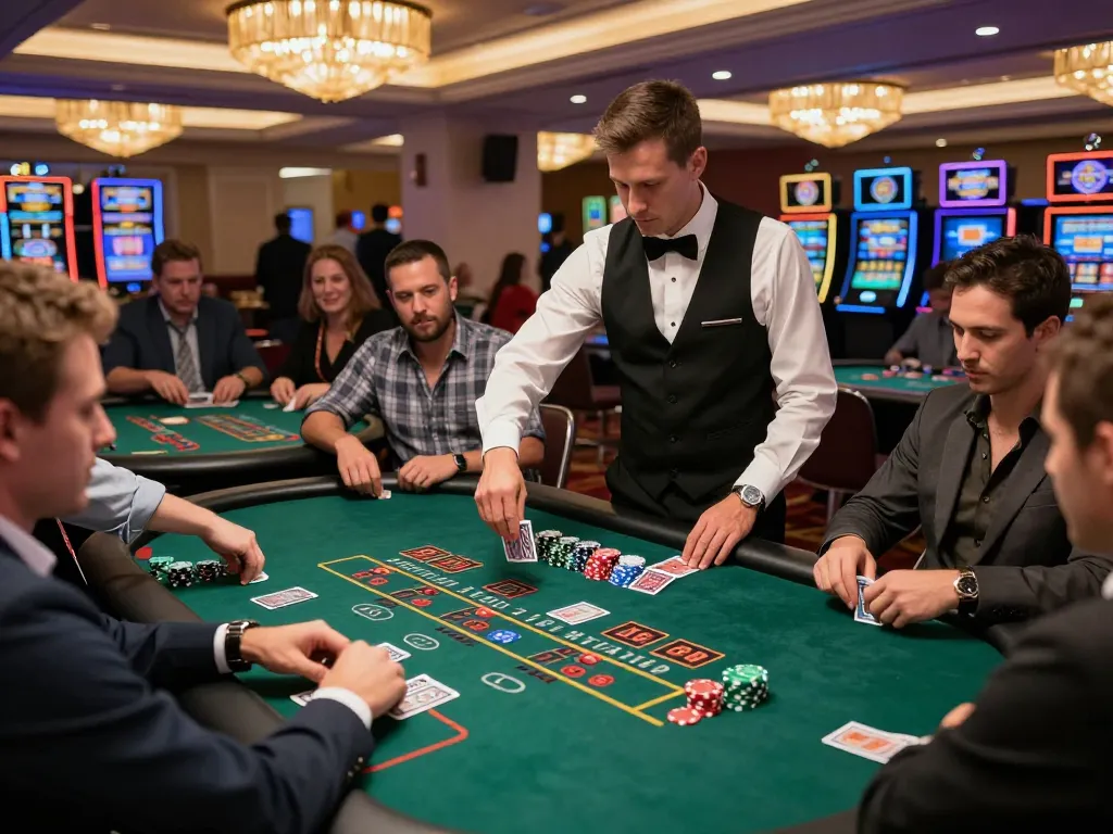 Captivating moment at Trang chủ DU88 blackjack table, players engaged in strategic bets with vibrant casino atmosphere.