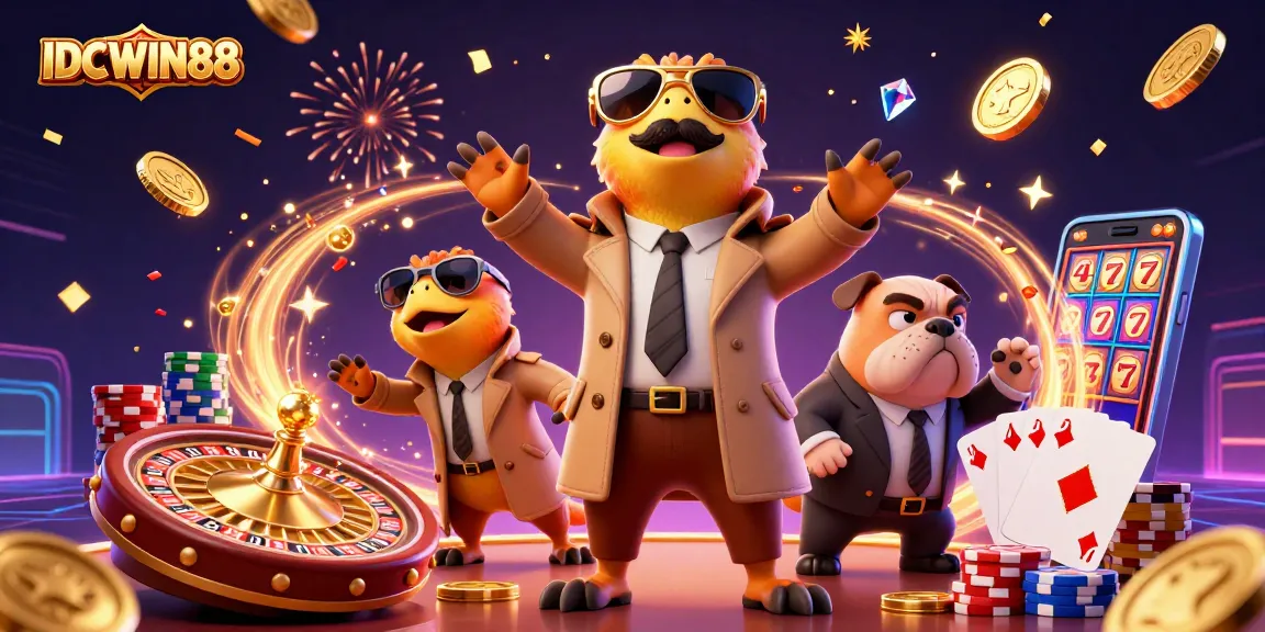 Experience excitement with IDCWIN88's lively casino scene featuring raptors in trench coats.
