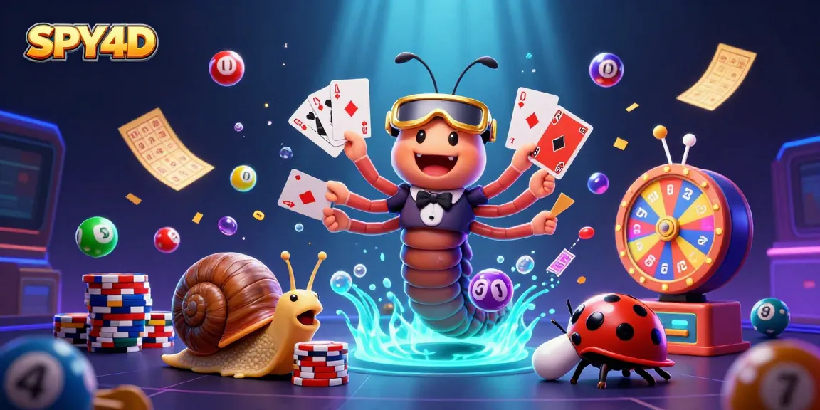 SPY4D merayakan kemenangan dengan dealer kartun, bola lotere berwarna, dan uang jatuh.