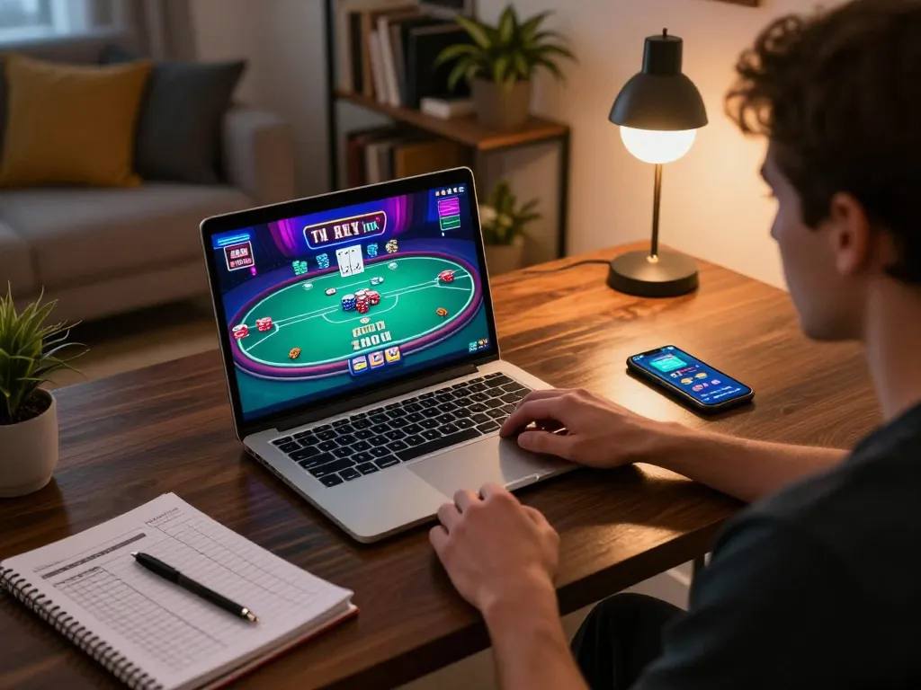 Player immersed in online poker strategy while using NHÀ CÁI CM88 gaming app on laptop, cozy setup.
