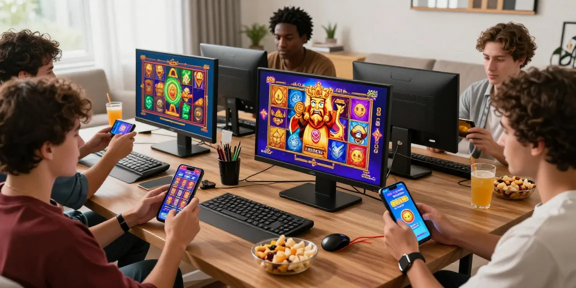 Players enjoying slot games on mobile devices in a lively home setting.