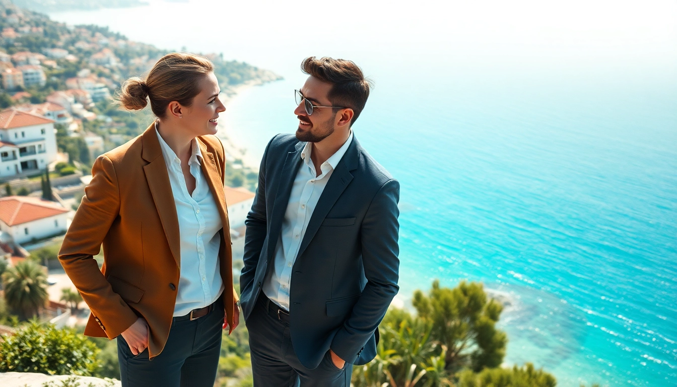 Highlighting real estate in Alanya with agents discussing luxury coastal properties.