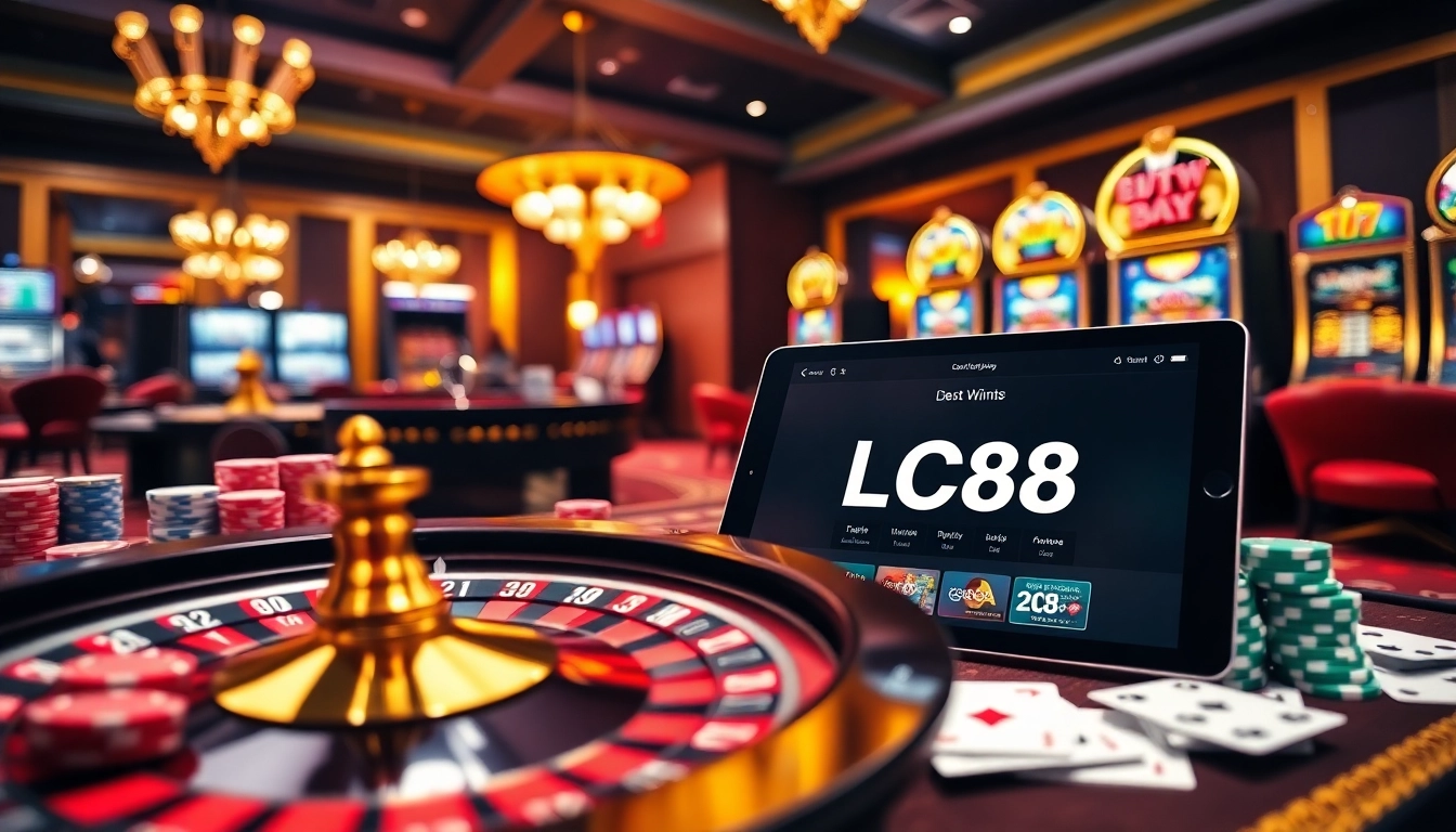 Engage in dynamic online gambling with LC88 at a vibrant casino scene featuring roulette and poker.