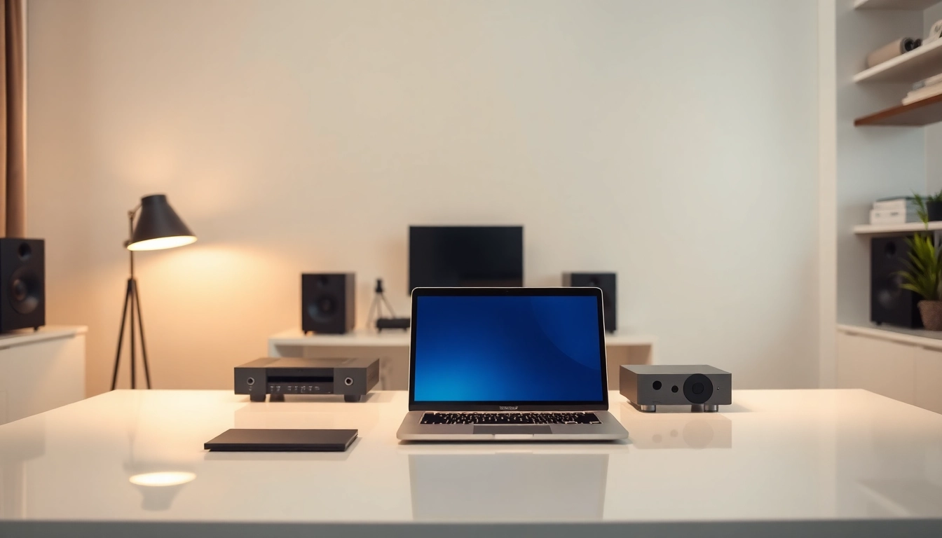 Showcase of custom electronics devices in a professional home office setting.