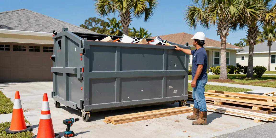 Dumpster rental in Port Charlotte FL for home renovation, contractor overseeing delivery with construction debris.