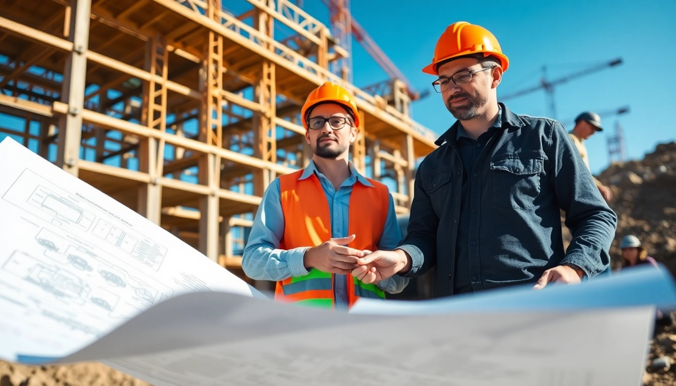 Engaged professionals within a construction membership association deliberating over plans at a vibrant job site.