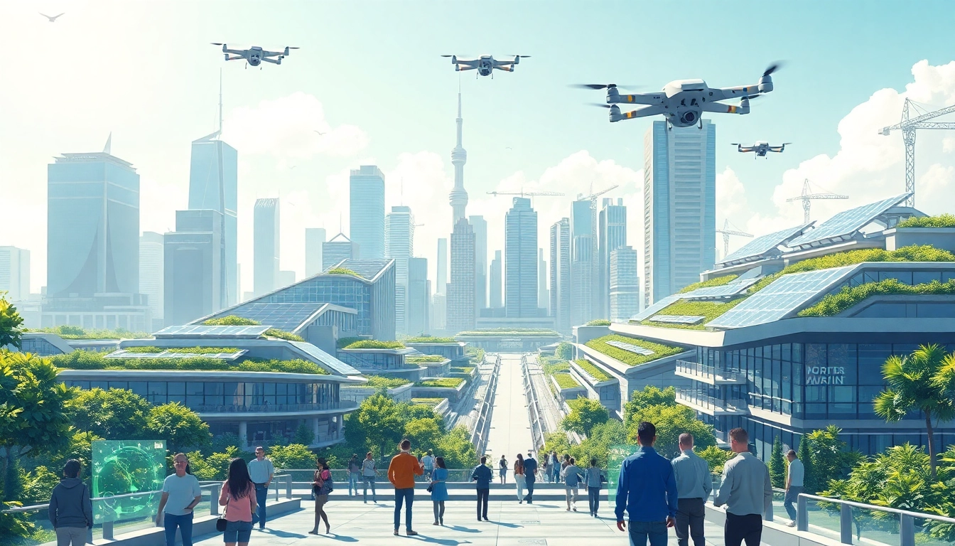 Showcasing smart city project 2030 agenda with futuristic city skyline and technology integration.