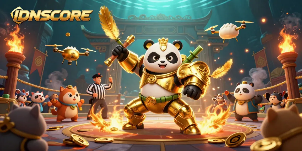 IDNSCORE engages players in an exciting 3D illustration of a mech-suit panda battling in a vibrant casino arena.