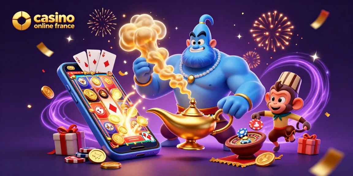 Jouer sur casino online france avec une illustration d'un génie et des éléments de jeu de casino autour.