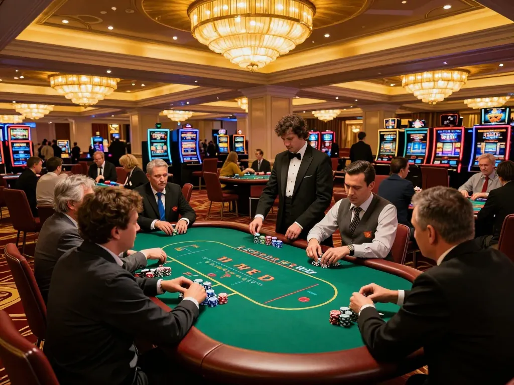 KK55 players engaged in high-stakes poker on a luxurious casino floor.