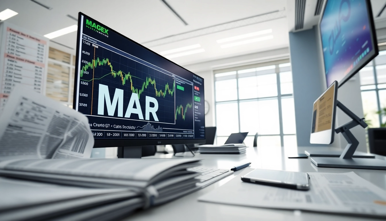 Monitor displaying MAR stock price in a bright, professional office with financial news.