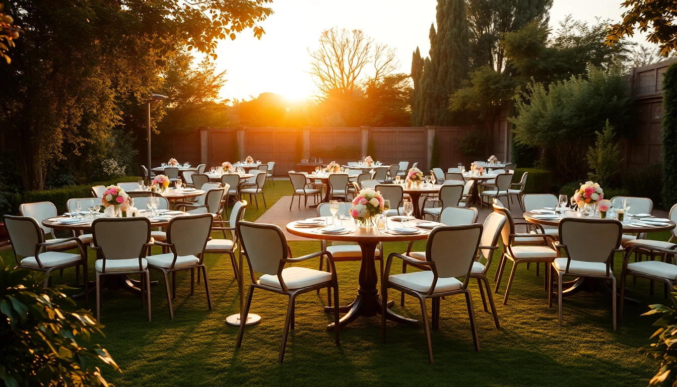 Event Furniture Rentals arranged elegantly in a serene garden, perfect for gatherings.