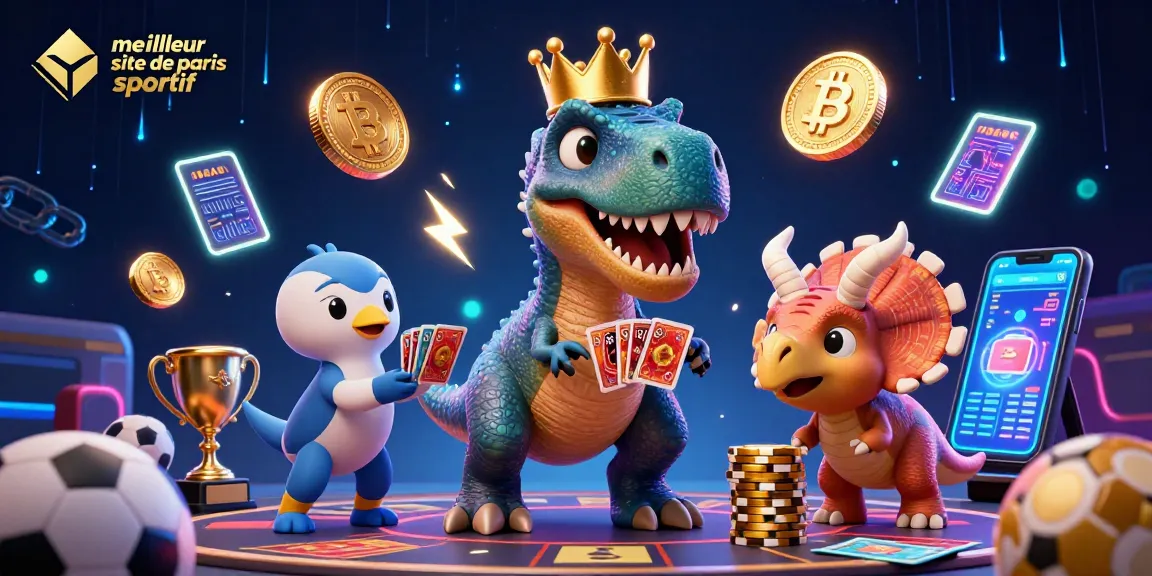 Plongez dans l'univers du meilleur site de paris sportif avec un T-Rex jouant aux cartes, entouré d'éléments de paris dynamique.