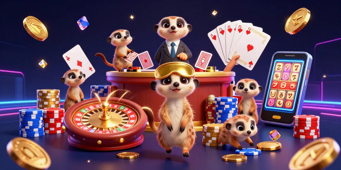 Casino en ligne France : joyeux suricates gèrent une opération de casino avec des jetons et des jeux d'argent.