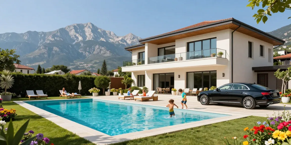 Luxury villa showcasing Tirana real estate with modern pool and family enjoying outdoor lifestyle.