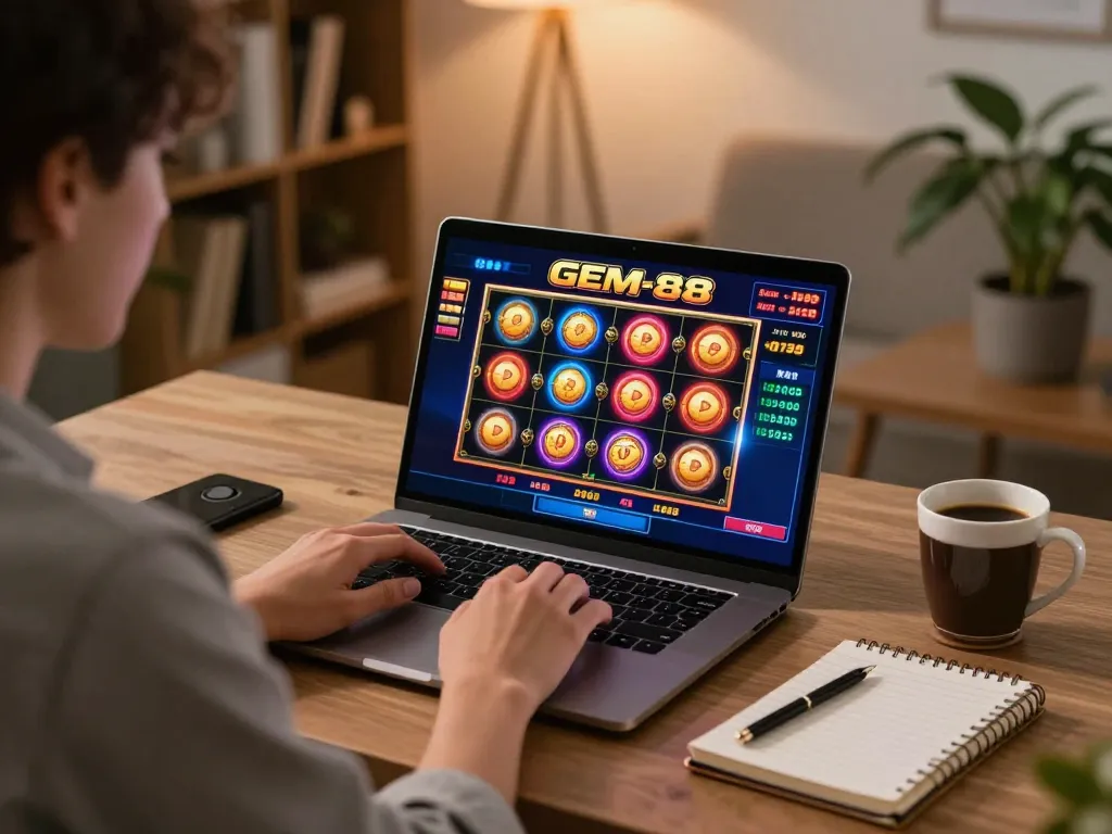 Engaging in GEM88 online casino gaming, spinning colorful reels on laptop.